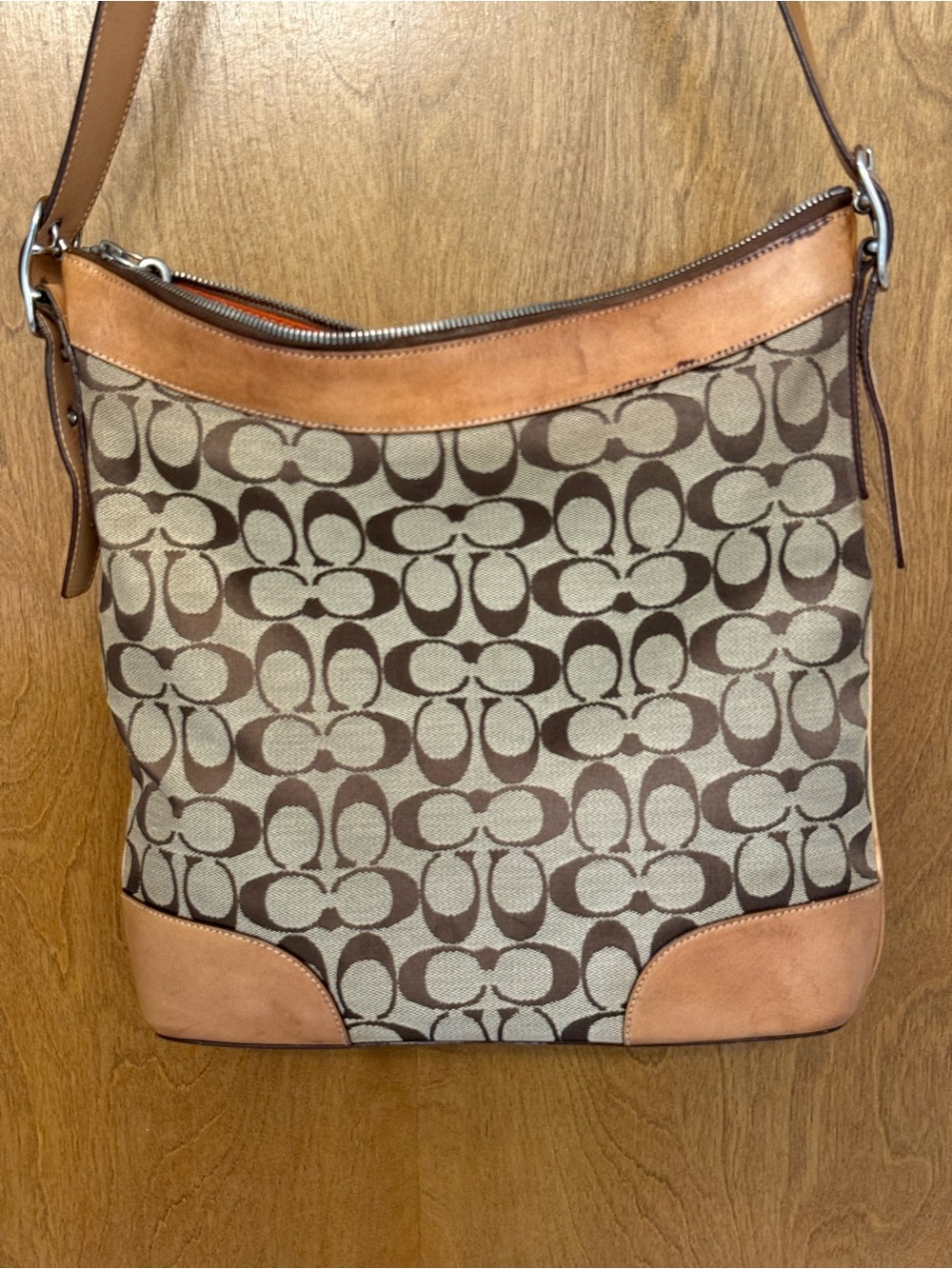 Coach 6346 Signature Canvas Leather Shoulder Hobo Bag Brown Tan Orange Lining